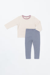 Avauma baby girl ribbed pajama set in Peach Cloud – cream top with dusty blue pants, soft baby sleepwear